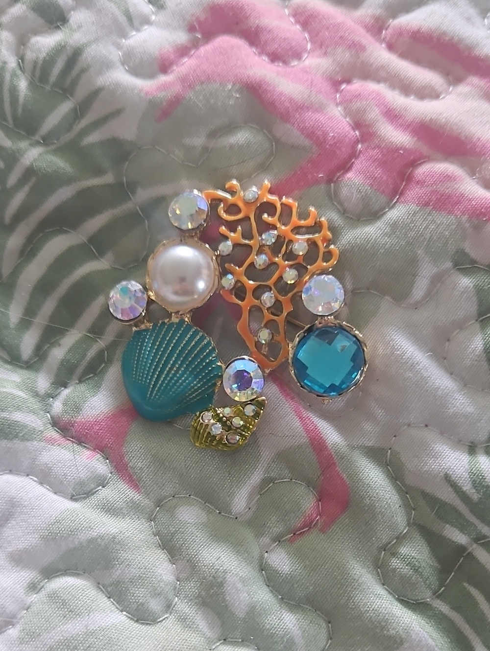 NWT Gold Coral & Teal Shell Statement Brooch with Blue Crystal